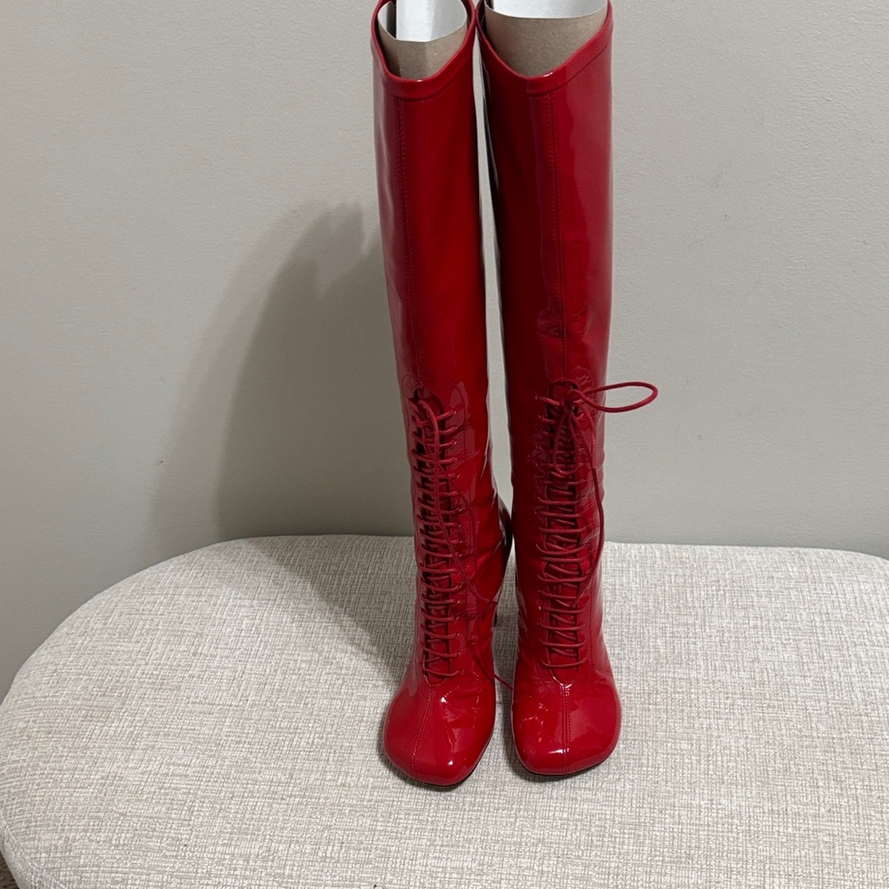Dries Van Noten Red Over the Knee Lace-Up Boots